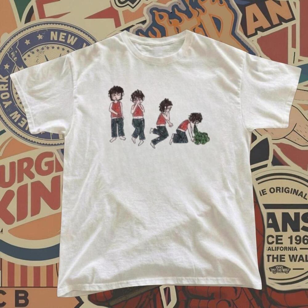 White Graphic Tee With Four Cartoon Boys In A Row, Each In A Different Pose